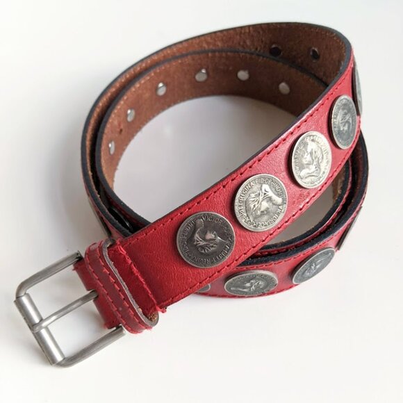 Saks Fifth Avenue Red Coin Embellished Leather Belt Italy Sz: S-M
